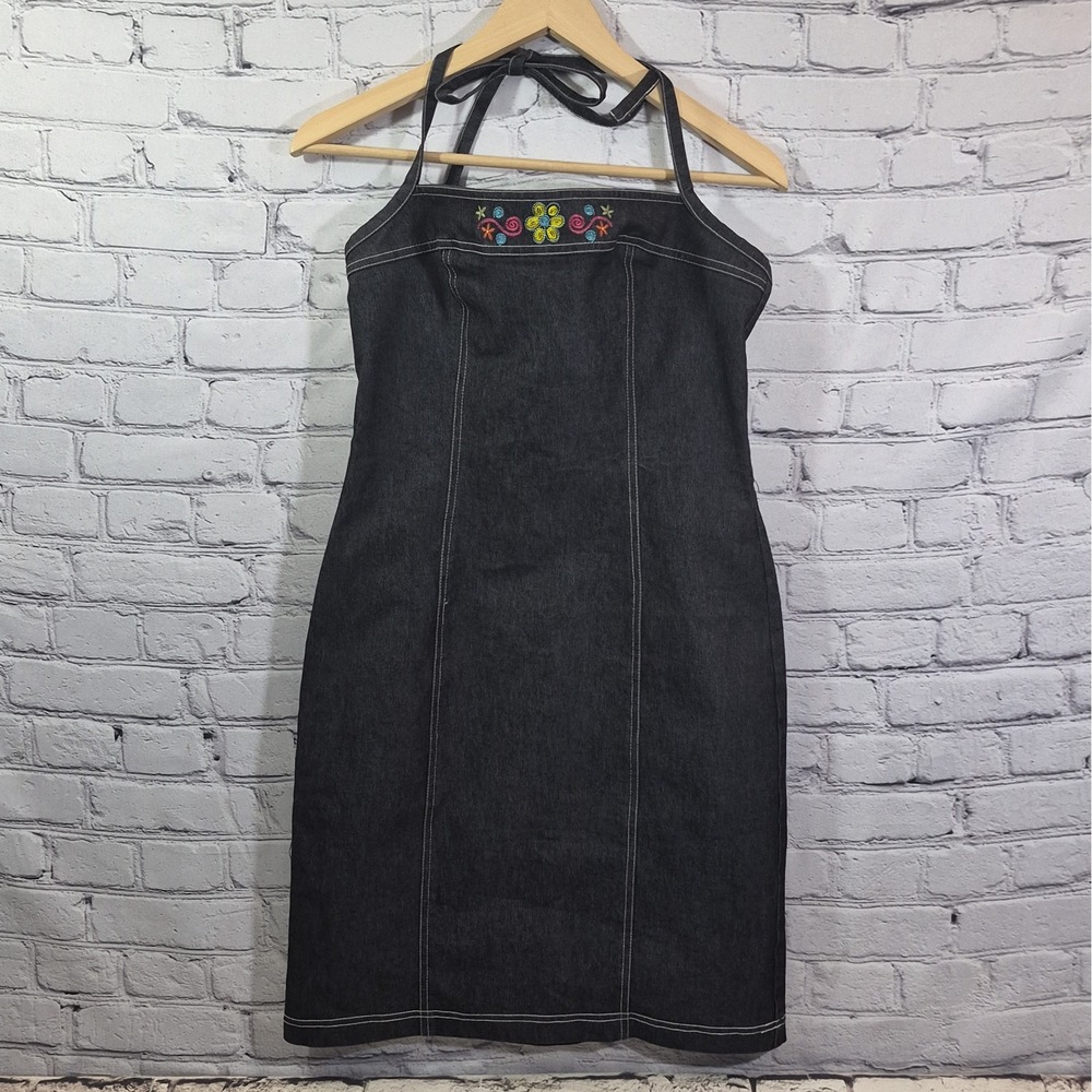 Guess Jeans VTG 90s Denim Mini Halter Dress Indigo Blue Y2K JR Size 11 Boho